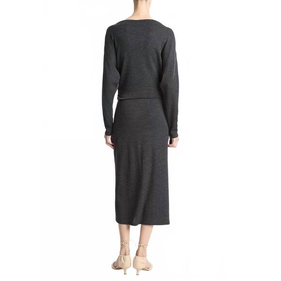 NEW VINCE draped-waist wool-blend midi skirt in dark heather grey - Picture 3 of 3
